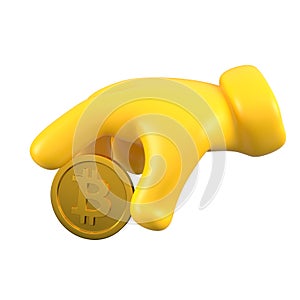 Yellow emoji hand holding 3d bitcoin. Isolated golden coin. Payment and shopping concept. 3d rendering