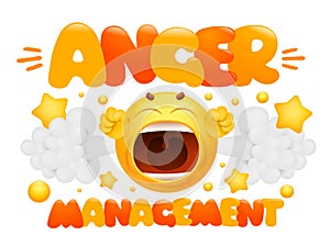 Yellow emoji smile face cartoon character with steam. Anger management concept card
