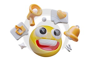 Yellow emoticon with big eyes and smile with flying messages with likes, bell, and megaphone