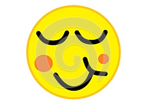A yellow emoticon smiley face expression of pride and satisfaction white backdrop