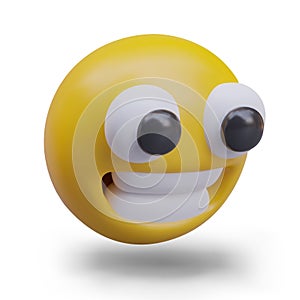 Yellow emoticon is smiling, showing his teeth. Beaming emoji. 3D vector model, side view
