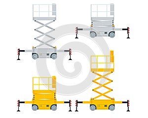 Yellow Engine Powered Scissor Lift isolated on white background. Vector illustration in a flat style. Modern Truck