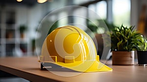 yellow engineer hat with architecture floor plan. AI Generated