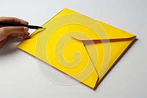 Yellow envelope delivers solutions We create solutions message on a white notepad