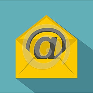 Yellow envelope with email sign icon, flat style