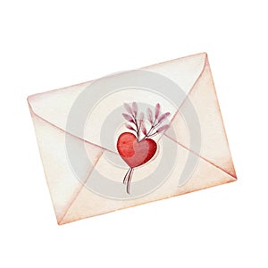Yellow envelope with red heart. Love letter for Valentines day