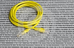 Yellow Ethernet cable on white background with binary code numbers