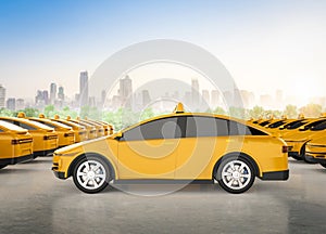 Yellow ev taxis or electric vehicle in city