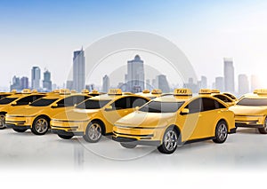 Yellow ev taxis or electric vehicle in city