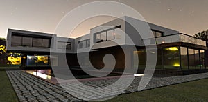 Yellow evening lights reflected in windows of a contemporary design house. 3d render.