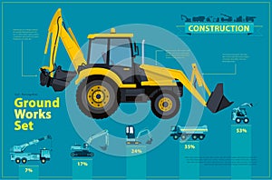 Yellow excavator. Blue infographic set, ground works blue machines vehicles.