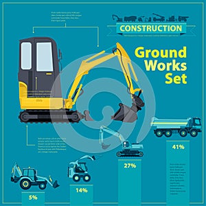Yellow excavator. Blue infographic set, ground works blue machines vehicles.