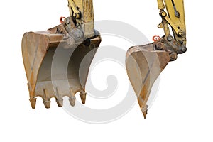 Yellow excavator bucket isolated on white background