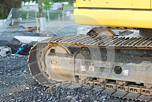 Yellow excavator closeup construction site heavy tools bulldozer machine