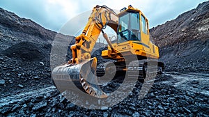 Yellow excavator in coal mine - generative ai