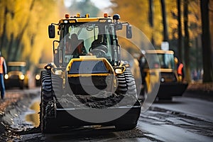 A yellow excavator collects and removes old asphalt pavement