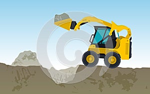 Yellow excavator digs hole. Bagger is excavating, ground works.