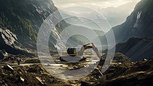 Yellow Excavator In Evocative Environmental Portrait With Textured Landscapes