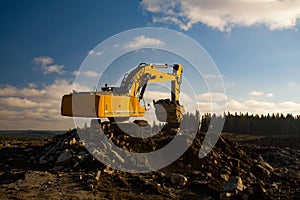 Yellow Excavator with Full Shovel