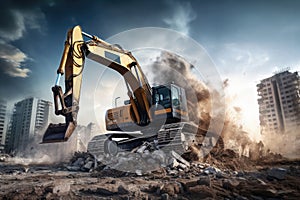 yellow excavator loader machine at demolition construction site