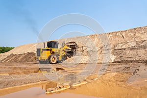 Yellow Excavator at sandpit. road construction