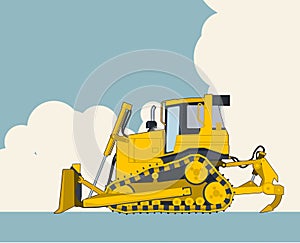 Yellow excavator, sky with clouds in background. Banner layout with earth mover.