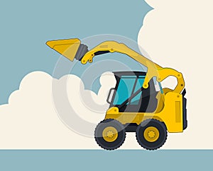 Yellow excavator, sky with clouds in background. Banner layout with earth mover.