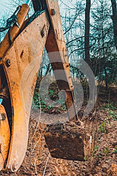 A yellow excavator works on the forest clearing and digs soil