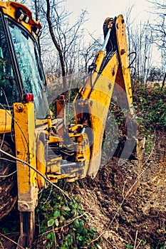 A yellow excavator works on the forest clearing and digs soil