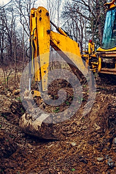 A yellow excavator works on the forest clearing and digs soil