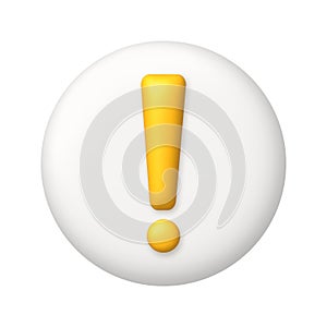 Yellow exclamation mark symbol on white button. Attention or caution sign icon. 3d realistic vector design element
