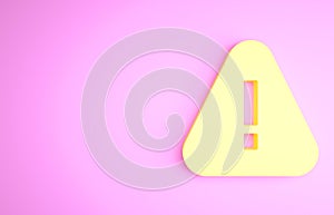 Yellow Exclamation mark in triangle icon isolated on pink background. Hazard warning sign, careful, attention, danger