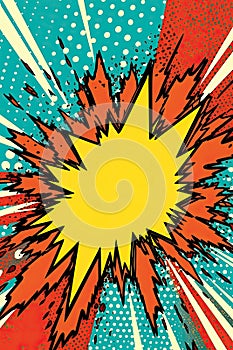 a yellow explosion with red and blue dots