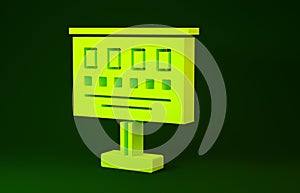 Yellow Eye test chart icon isolated on green background. Poster for vision testing in ophthalmic study. Snellen chart