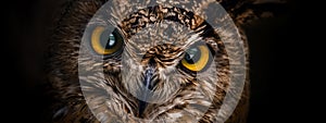 Yellow eyes of horned owl close up on a dark background