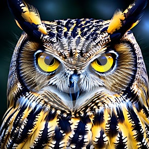 Yellow Eyes of Horned Owl - Close-Up on a Dark Background