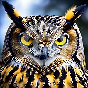 Yellow Eyes of Horned Owl - Close-Up on a Dark Background
