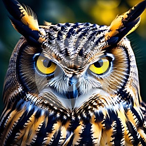 Yellow Eyes of Horned Owl - Close-Up on a Dark Background