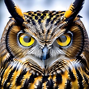 Yellow Eyes of Horned Owl - Close-Up on a Dark Background