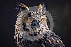 Yellow eyes of owl close up on a dark background. AI generation