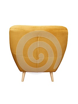 yellow fabric armchair with wooden legs isolated on white background. back view