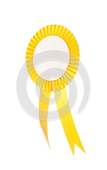 Yellow fabric award ribbon isolated on white