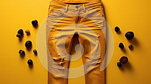 Yellow faded, ripped and frayed jeans and decorative stones on yellow background. Flat lay. Fashion and retail concept