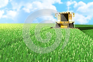 Yellow farm agricultural harvester is working on large green field - agriculture concept, industrial 3D illustration