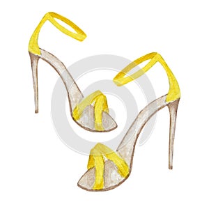 Yellow fashion women`s shoes on the high heels. Smart luxury lady shoe collection. Painted hand-drawn watercolor