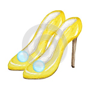 Yellow fashion women`s shoes on the high heels. Smart luxury lady shoe collection. Painted hand-drawn watercolor