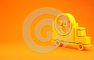 Yellow Fast round the clock delivery by car icon isolated on orange background. 3d illustration 3D render