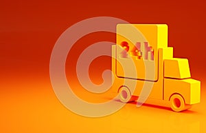 Yellow Fast round the clock delivery by car icon isolated on orange background. Minimalism concept. 3d illustration 3D