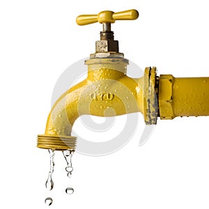 Yellow faucet with water drops isolated on white background photo