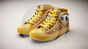 Yellow faux leather sneakers with dragon elements, trendy color and fashionable style, shoe store